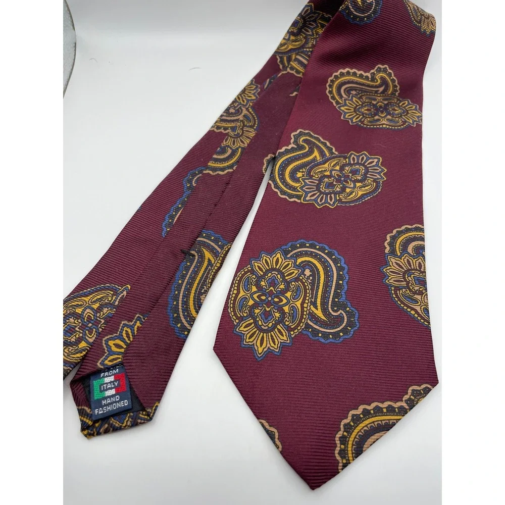 Oliver Hunt Burgundy Paisley Silk Tie Hand Fashioned Made in Italy Wide 3.75